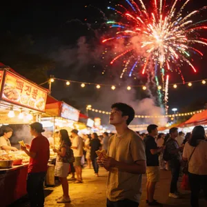 A nighttime festival with fireworks in the sky, food stalls lined up, and crowds mingling. - Bytedance Seedream 4.5