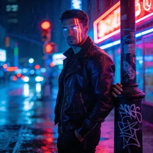 A nighttime portrait of a man lit by neon signs on a city street. - Bytedance Seedream 4.5