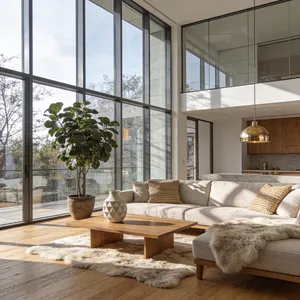 A photorealistic interior of a modern Scandinavian-style living room with natural light streaming through floor-to-ceiling windows. Show detailed wood textures, fabric materials, and proper light reflections. - Bytedance Seedream 4.5