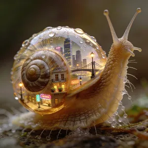 A snail whose shell contains a miniature city skyline, depicted in a hyperrealistic macro photography style with intricate architectural details and ambient lighting. - Bytedance Seedream 4.5