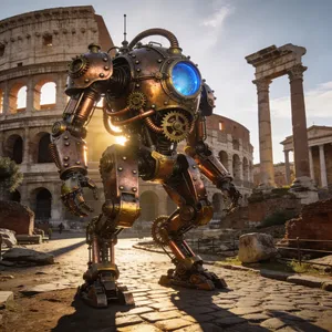 A steampunk robot time-traveling in ancient Rome, depicted in a detailed cinematic style that blends historical accuracy with copper and brass retrofuturistic aesthetics. - Bytedance Seedream 4.5