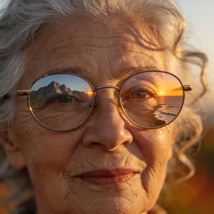 A ultra high-resolution portrait of an elderly woman with silver hair and bifocal glasses, each lens reflecting a distant landscape, captured in warm late-afternoon sunlight - Bytedance Seedream 4.5