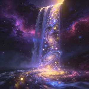 A waterfall that pours out stars and galaxies instead of water, illustrated in a cosmic fantasy style with vibrant space colors and dramatic lighting effects. - Bytedance Seedream 4.5