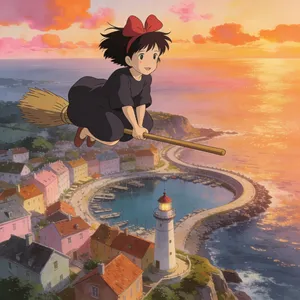 A young witch flying on a broomstick above a coastal town at sunset. Exact art style of 'Kiki's Delivery Service' by Studio Ghibli, with Miyazaki's character design and warm colors. - Bytedance Seedream 4.5