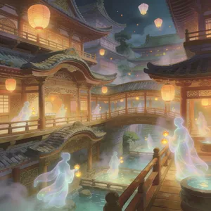 An enchanted bathhouse with glowing lanterns and spirits. Recreate the visual style of 'Spirited Away' by Studio Ghibli, with Miyazaki's ornate architecture and magical atmosphere. - Bytedance Seedream 4.5
