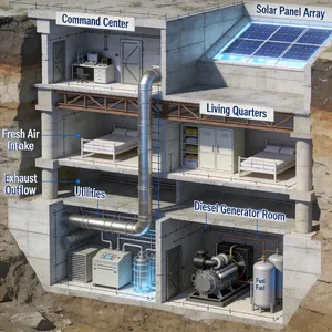 Cross-section rendering of a multi-level underground bunker with different functional areas, structural support systems, ventilation, and power generation facilities visible. - Bytedance Seedream 4.5