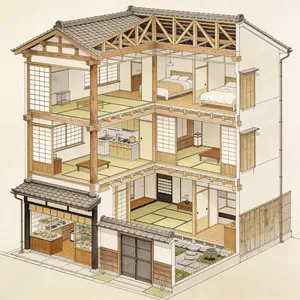 Cutaway architectural drawing of a traditional Japanese machiya townhouse showing all rooms and structural elements. Include accurate proportions, traditional joinery, and typical spatial organization. - Bytedance Seedream 4.5