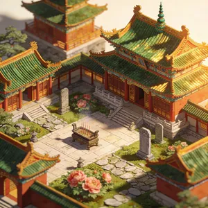 Isometric architectural illustration of an ancient Chinese temple complex showing multiple pavilions, gardens, and ceremonial spaces. Include proper roof structures and traditional ornamentation. - Bytedance Seedream 4.5