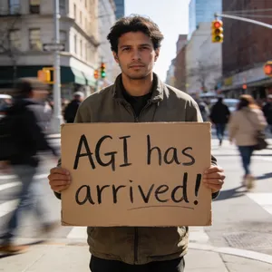 Photorealistic daytime street photograph, clearly showing a man standing still on a busy urban street corner holding a rectangular cardboard sign clearly facing camera, handwritten bold black marker text clearly readable as 