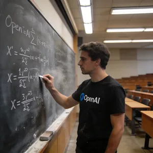 Photorealistic depiction of a man wearing a clearly visible black OpenAI-branded T-shirt. He is standing at the front of a university lecture hall, writing complex mathematics and AI-related equations across a large, dusty chalkboard filled with notation - Bytedance Seedream 4.5