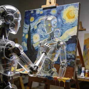 Photorealistic image of a robot painting a realistic self-portrait (i.e. the robot) on canvas, mimicking Van Gogh’s art style; clear, realistic metallic textures and painting details visible - Bytedance Seedream 4.5
