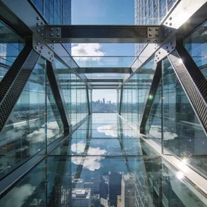 Photorealistic rendering of a contemporary glass skybridge between two skyscrapers, seen from inside with city views visible through glass walls and floor. Show accurate reflections and structural details. - Bytedance Seedream 4.5