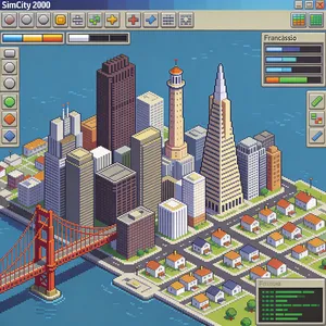 Pixel art cityscape of San Francisco in the iconic SimCity 2000 style, isometric view, detailed skyscrapers, residential areas, clearly identifiable Golden Gate Bridge, Coit Tower, Transamerica Pyramid, surrounded by the classic SimCity 2000 UI elements - Bytedance Seedream 4.5