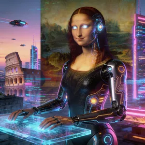 The Mona Lisa reimagined as a futuristic android, rendered in a digital art style that preserves Da Vinci's composition while incorporating sleek cyberpunk aesthetics and technological elements. - Bytedance Seedream 4.5