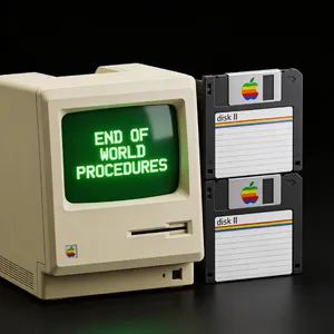 Vintage Apple II computer with green monochrome CRT screen, displaying 'END OF WORLD PROCEDURES' in green text. Two external floppy drives stacked on the right, labeled disk II with rainbow Apple logos. Beige casing, black background, retro aesthetic. - Bytedance Seedream 4.5