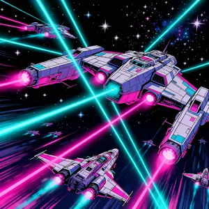 A 90s anime-style space battle scene with giant starships and laser beams. - Bytedance Seedream 4.0