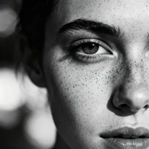 A black and white close-up portrait of a freckled woman with an intense gaze. - Bytedance Seedream 4.0