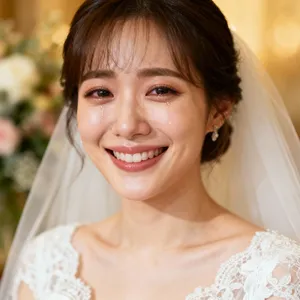 A bride on her wedding day, smiling with tears of joy in her eyes. - Bytedance Seedream 4.0