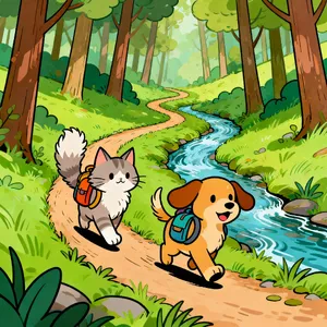A cartoon of a cat and a dog on an adventure, drawn in a colorful 2D style. - Bytedance Seedream 4.0