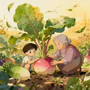 A child and elder tending oversized vegetables in a garden. Reproduce the artistic style of Studio Ghibli, with their distinctive character proportions and detailed plant illustrations. - Bytedance Seedream 4.0