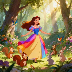A classic Disney-like 2D cartoon princess singing with animals in a forest. - Bytedance Seedream 4.0