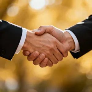 A close-up of two people shaking hands, both hands fully visible with five fingers each, in sharp focus against a blurred background. - Bytedance Seedream 4.0