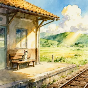 A countryside train station with a cat waiting on a bench. Rendered in Studio Ghibli animation style with Miyazaki's watercolor backgrounds and hand-drawn quality. - Bytedance Seedream 4.0