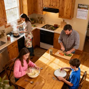 A family cooking together in a kitchen, each person busy with a different task. - Bytedance Seedream 4.0
