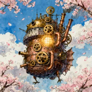 A floating steampunk castle in the sky with intricate mechanical gears and cherry blossom trees, illustrated in Hayao Miyazaki's Castle in the Sky (1986) art style with watercolor textures and detailed line work. - Bytedance Seedream 4.0