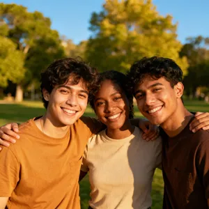 A group selfie of three friends of different ethnic backgrounds smiling at the camera. - Bytedance Seedream 4.0