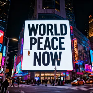 A large storefront billboard at Times Square displaying the slogan “WORLD PEACE NOW” in bold, clear letters, amidst a vibrant cityscape at night. - Bytedance Seedream 4.0