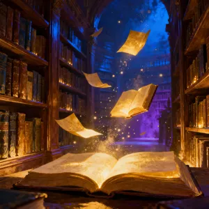 A library where the books are glowing and floating in mid-air, illustrated in a magical realism style with dramatic lighting and rich atmospheric colors. - Bytedance Seedream 4.0