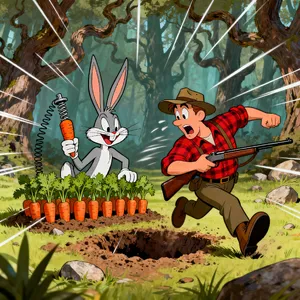 A Looney Tunes-inspired cartoon scene of a clever rabbit tricking a hunter. - Bytedance Seedream 4.0