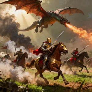 A medieval battlefield with knights on horseback and a dragon flying overhead. - Bytedance Seedream 4.0