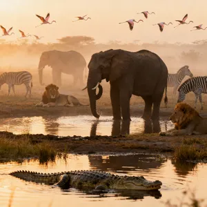 A misty dawn at an African savanna watering hole where elephants, lions, and zebras coexist in tense harmony, with a crocodile partially submerged in the foreground and flamingos taking flight in the background, golden hour lighting. - Bytedance Seedream 4.0