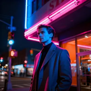 A nighttime portrait of a man lit by neon signs on a city street. - Bytedance Seedream 4.0