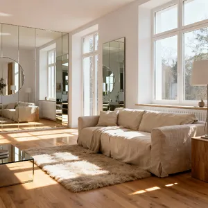 A photorealistic interior of a modern Scandinavian-style living room with natural light streaming through floor-to-ceiling windows. Show detailed wood textures, fabric materials, and proper light reflections. - Bytedance Seedream 4.0