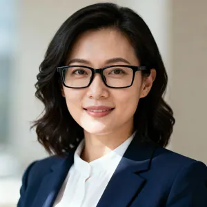 A professional headshot of a businesswoman wearing glasses, against a blurred background. - Bytedance Seedream 4.0