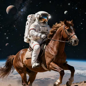 A realistic astronaut being ridden by a horse, photorealistic depiction in outer space with accurate lighting and proportions - Bytedance Seedream 4.0