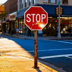 A red stop sign on a street corner displaying the word 
