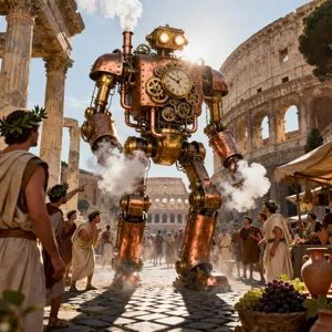 A steampunk robot time-traveling in ancient Rome, depicted in a detailed cinematic style that blends historical accuracy with copper and brass retrofuturistic aesthetics. - Bytedance Seedream 4.0