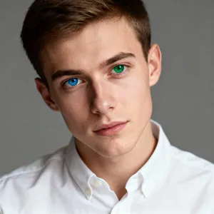 A studio headshot of a young man with one blue eye and one green eye (heterochromia). - Bytedance Seedream 4.0