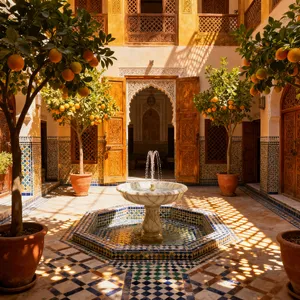 A traditional Moroccan riad courtyard with detailed zellige tilework, flowing fountain, citrus trees, and ornate woodwork. Morning light casting intricate shadow patterns. - Bytedance Seedream 4.0