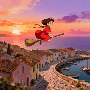A young witch flying on a broomstick above a coastal town at sunset. Exact art style of 'Kiki's Delivery Service' by Studio Ghibli, with Miyazaki's character design and warm colors. - Bytedance Seedream 4.0