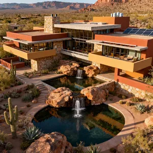 Aerial view of a modernist desert home, in the style of Frank Lloyd Wright's Fallingwater but adapted to desert conditions. Show integration with rocky landscape and water features. - Bytedance Seedream 4.0