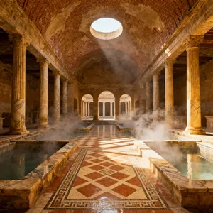 An ancient Roman bathhouse interior with accurate architectural details - marble columns, mosaic floors, arched ceilings, and steam rising from pools. Natural light from oculus openings. - Bytedance Seedream 4.0