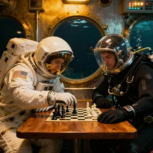 An astronaut and a deep-sea diver playing chess together inside a submarine. - Bytedance Seedream 4.0