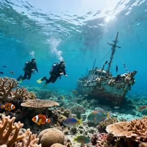An underwater scene with scuba divers exploring a coral reef alongside colorful fish and a sunken ship. - Bytedance Seedream 4.0