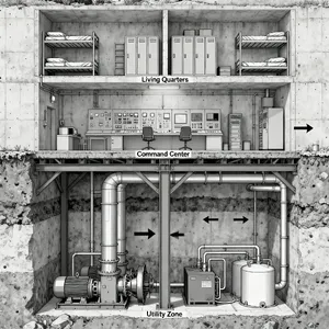 Cross-section rendering of a multi-level underground bunker with different functional areas, structural support systems, ventilation, and power generation facilities visible. - Bytedance Seedream 4.0