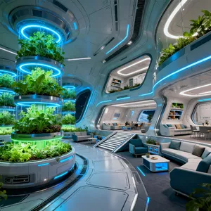 Interior of a futuristic space habitat with hydroponics gardens, communal areas, and living quarters. Show curved walls, artificial gravity considerations, and multipurpose furniture designs. - Bytedance Seedream 4.0